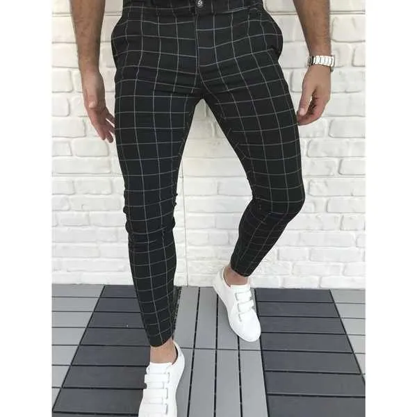 Pantalones de vestir ajustados y ajustados para hombre, pantalones casuales de negocios, lápiz a cuadros, traje social, pantalón Y0811