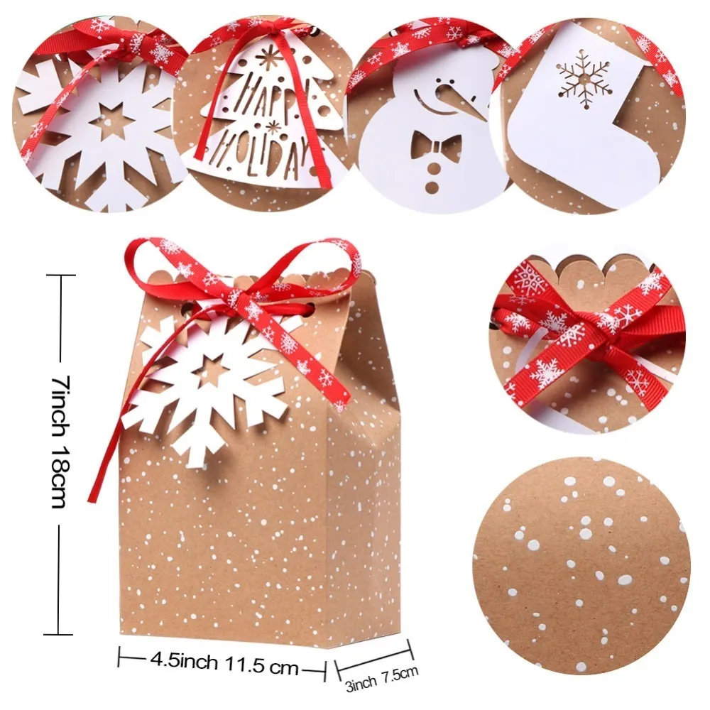 Ourwarm 12st Kraft Paper Christmas Gift Box Candy Bags Christmas Party Supplies Packing Present Box New Year Presentväskor 201006