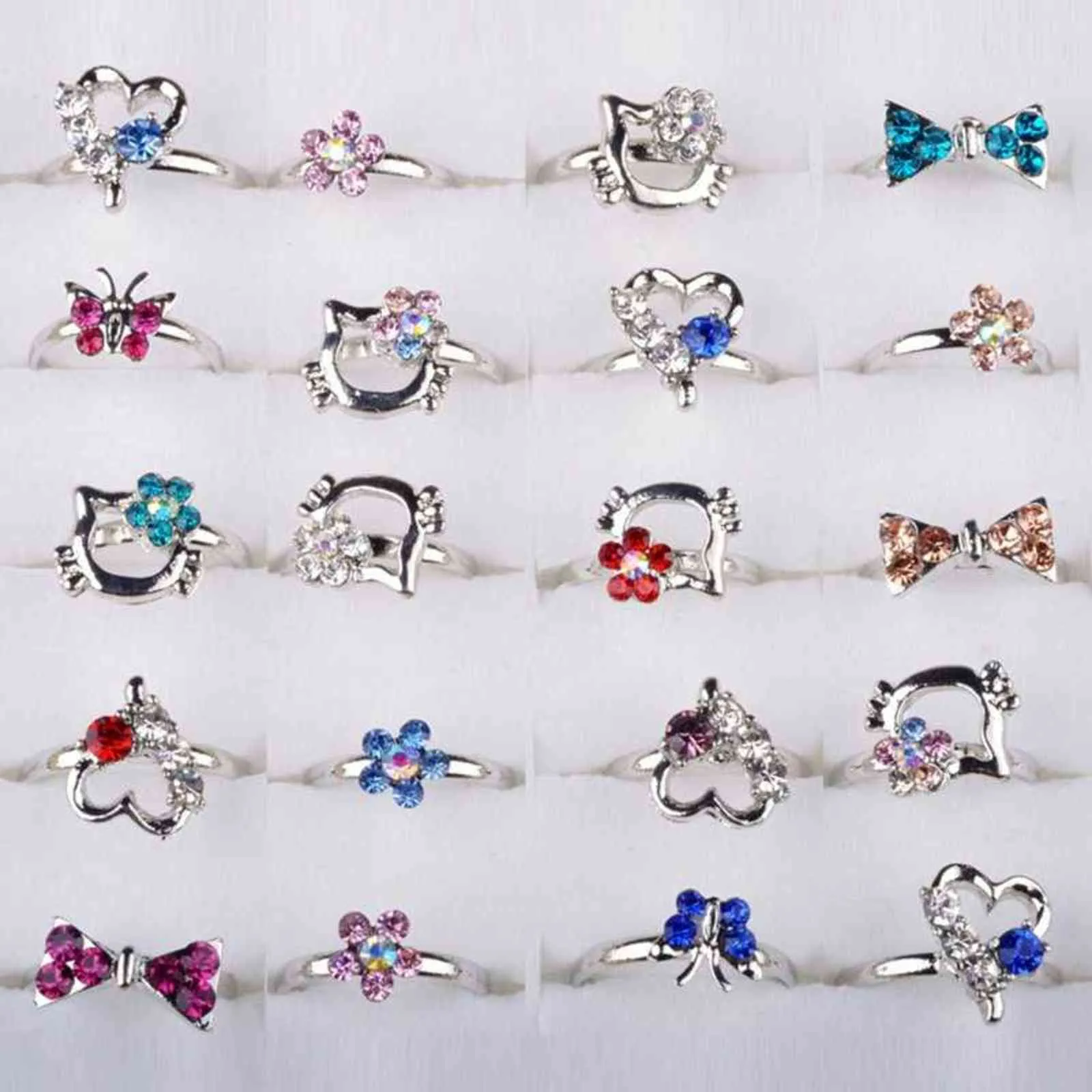 Misture Lotes Cute Crystal Strass Crianças Crianças Ajustável Ajustável Cor Prata Anéis Jóias Presentes Relatório Estilo Réu Enviar G1125