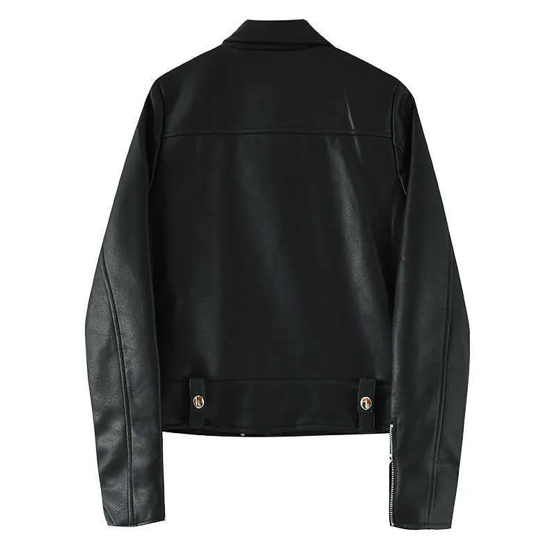 Ly Varey Lin Höst Kvinnor Casual Faux Läderjackor Slå ner Collar Zippers Rivet Biker Coats Slim Black Streetwear 210526