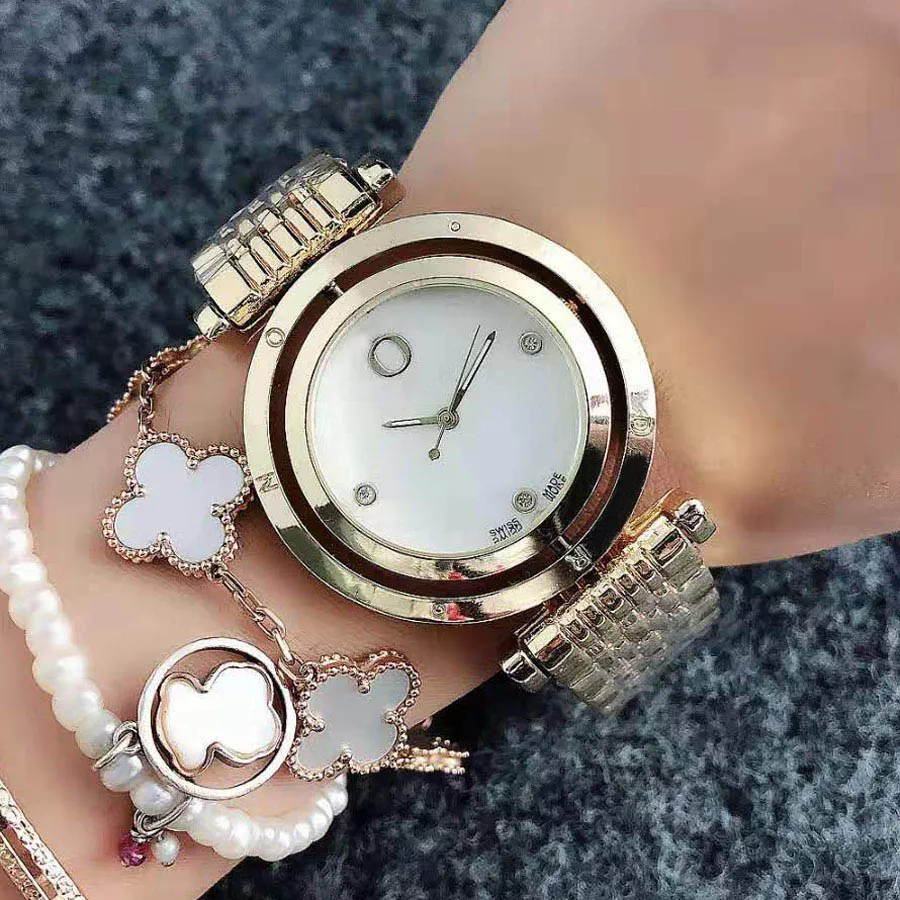Modemärke klockor Women Girl Crystal Can Rotate Dial Style Metal Steel Band Quartz Wrist Watch P60286B