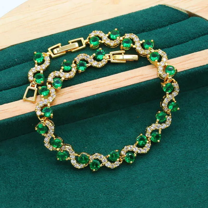 Nouveaux arrivages Green Zircon Gold Color Wedding Bijoux Set pour femmes Boucles de fête de fête