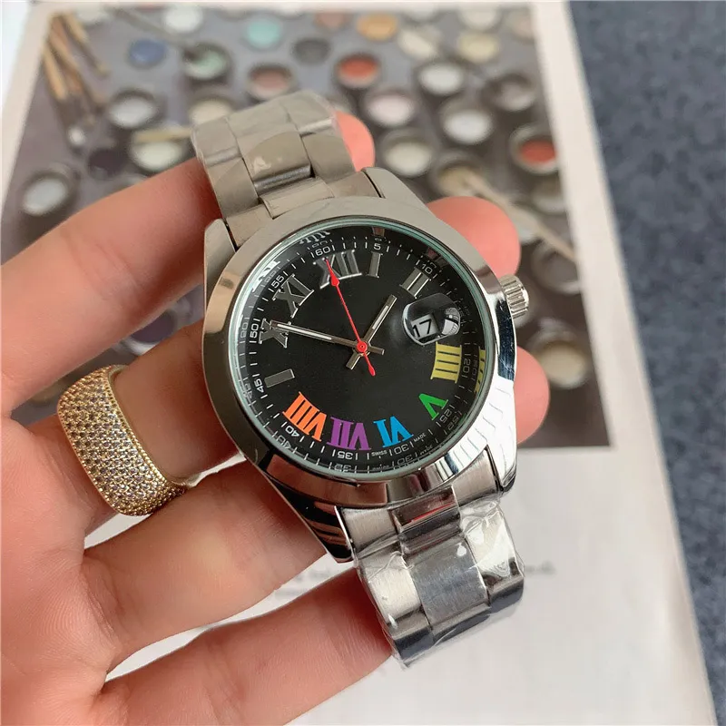 Relojes de primeras marcas a la moda para hombre, reloj de pulsera de cuarzo con números romanos coloridos y banda de acero y Metal X146245i