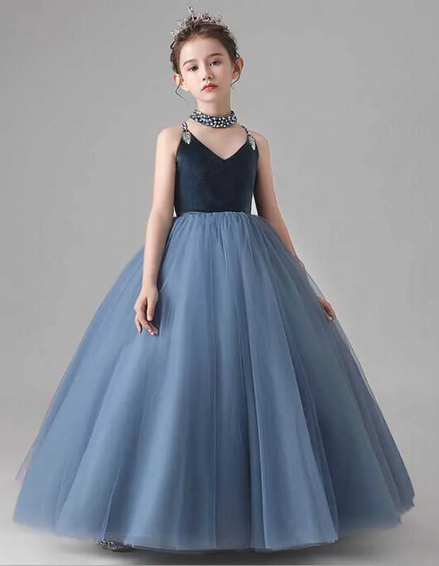 Bloem meisje prinses jurk fluwelen pluizig tule party avond bal jurk prestatie slijtage model show e2 210610