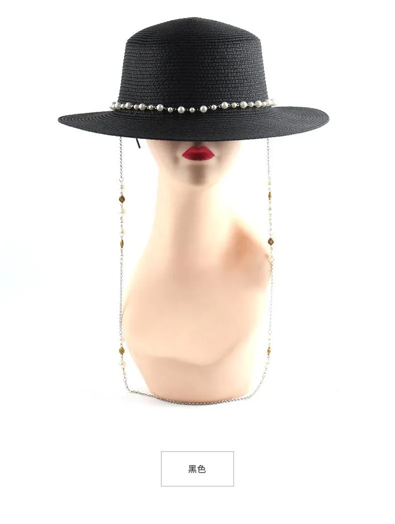 Stingy Brim Hats Straw Hat Female British Pearl Fashion Party Flat Top Chain Strap And Pin Fedoras For Woman A Street-style Shooti302s