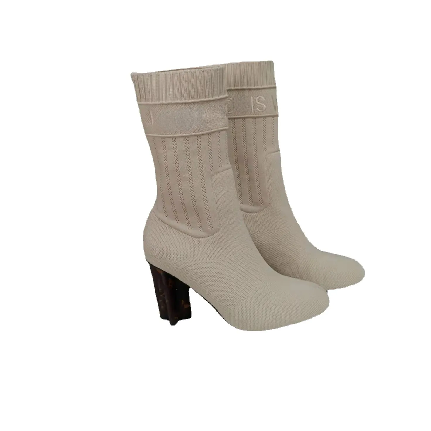 Projektant Mid-Calf Botki Embzrouted Letter Socking Boot Chunky Heel High Heels Luxury L Wysokiej Jakości Buty dla kobiet