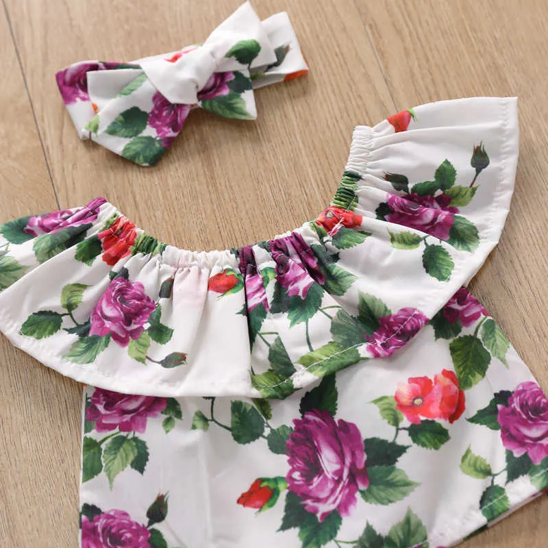 Summer Born Baby Girls Ropa Set Strapless Floral Impreso Top + Bow Denim Pant + Hairband Lindo 210611
