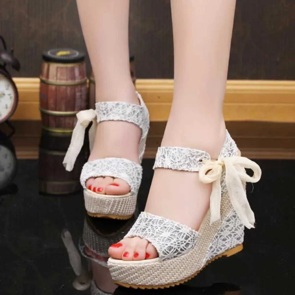 Kvinnor Mode sommarplattform Wedge Sandal Ankelband Blomma Lace-up Skor Skor Party High Heel Chaussures Zapatos de Mujer Y0721