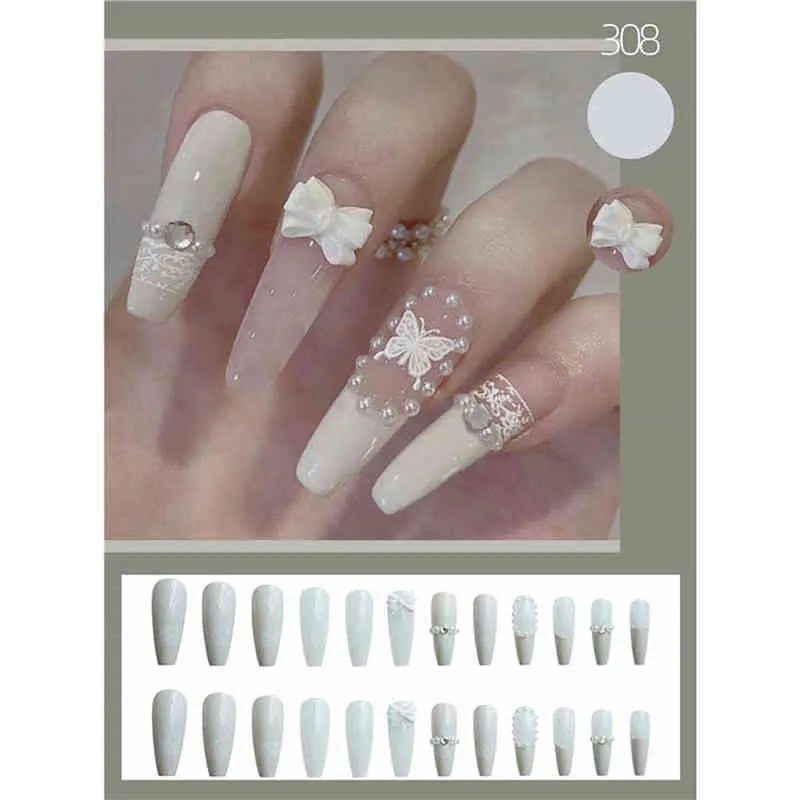 Falska naglar Long Ballerina Vit Butterfly Pearl Design Kista Fake med lim Full Cover Nail Tips Tryck på 220225
