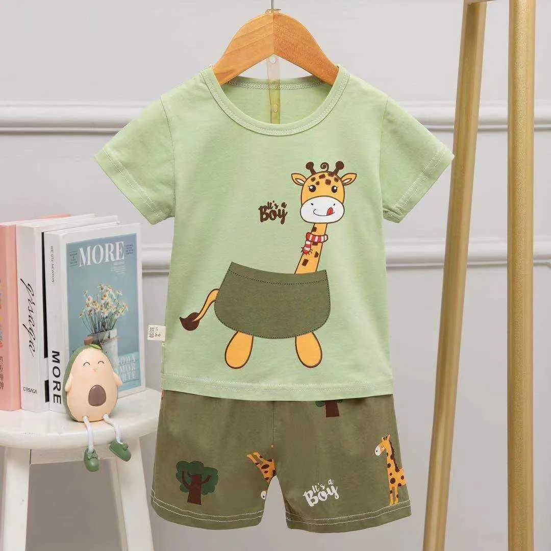 Sommer Nette Cartoon Pyjamas Anzug Einhorn Schlafen Kleidung Für Kinder Kurzarm Pyjama Set Dinosaurier Kostüm Für Junge Casual Wear 210908