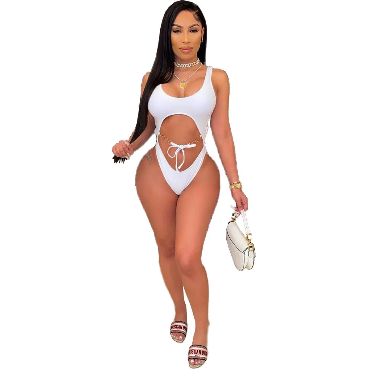 Women's fashion casual hollow out sexy swimsuit Chain sexy white swimsuit Onesies bathing bikini new Hollow out high cut swimwear