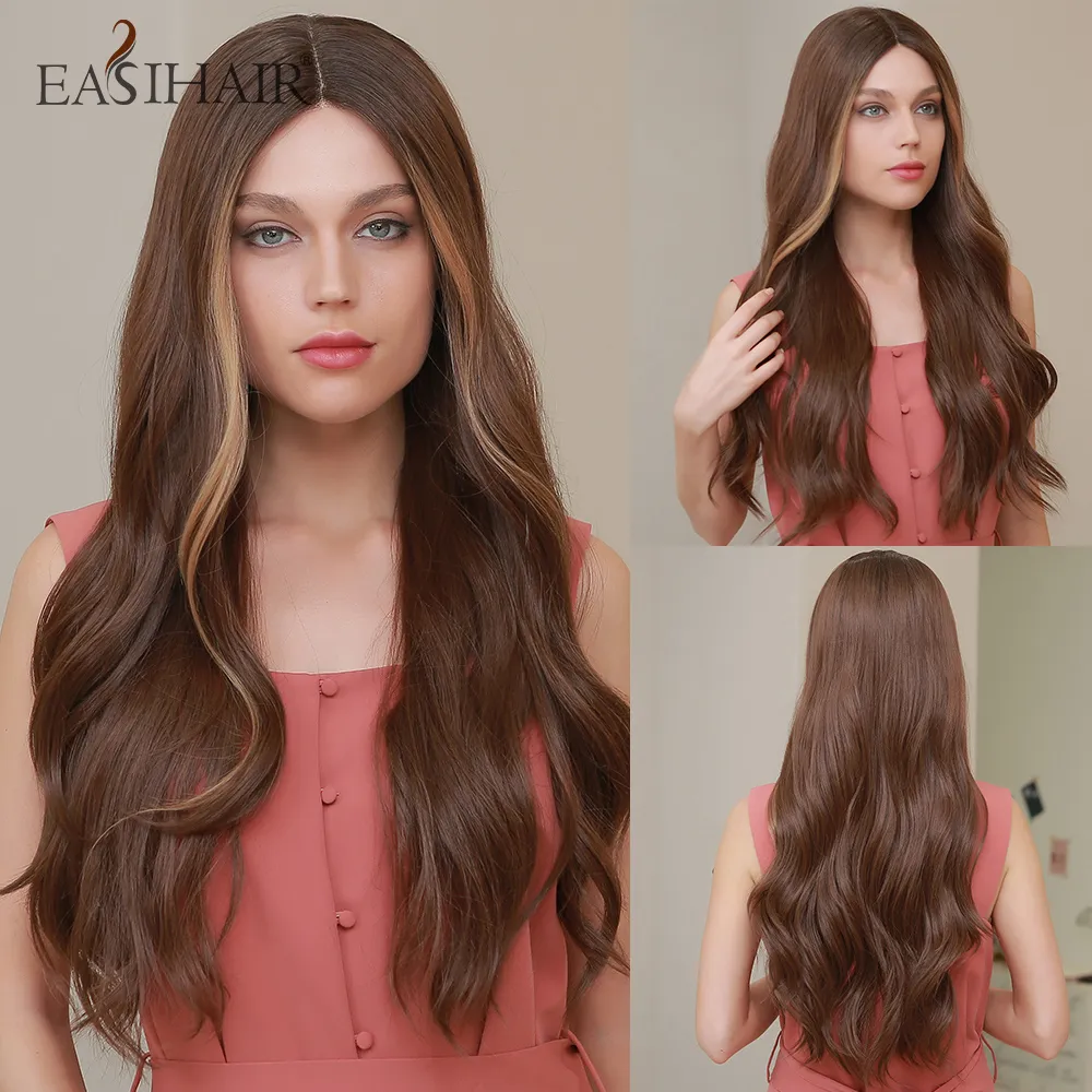 Long Wave Lace Front Wig for Women Brown to Blonde Ombre Synthetic Wigs with Baby Hair High Density Wig Heat Resistantfactory direct