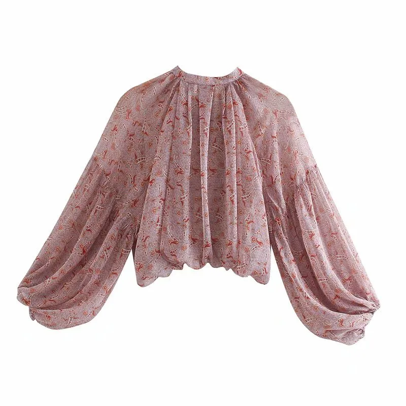 Za Summer Chiffon Pink Woman Blouses Printed Crop Top O-neck Balloon Sleeve Women's Shirts Holiday Casual Tulle Blouse 210308
