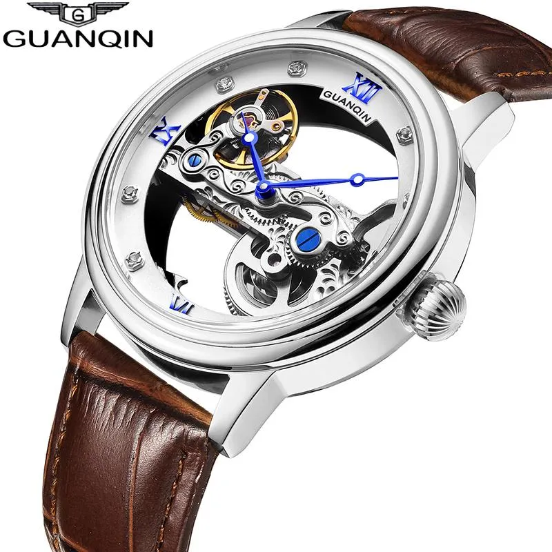 Guanqin New Luminous Watch Tourbillon Skeleton 자동 남성 스포츠 기계식 시계 클럭 남성 방수 금 릴로고 Masculino3038