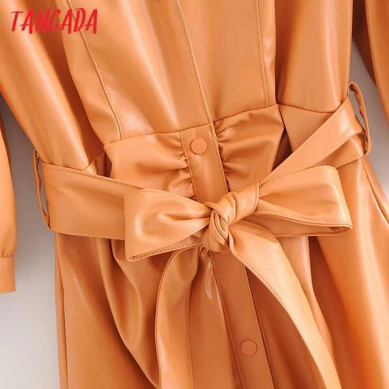 Tangada Frauen orange Kunstleder Faltenkleid mit Gürtel Dreiviertelärmel Retro Herbst elegantes weibliches Midikleid QN4 210609