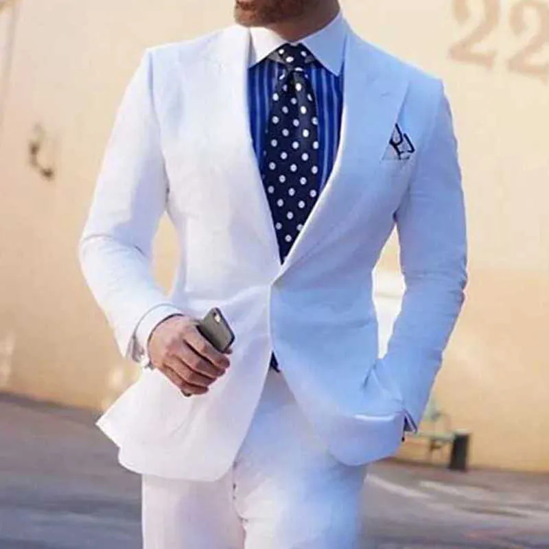 Белые мужские костюмы Slim Fit с широким пикам отворота для свадебных ужин Groom Tuxedos 2 штуки мужская мода куртка брюки X0909