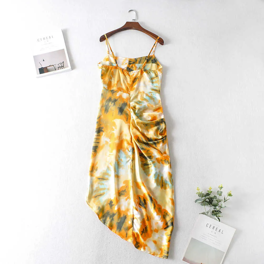 2020 Women Vintage Yellow Tie dye Flower print Spaghetti Strap Dress Hem Slim Waist Slit Irregular Long Dresses Sling Vestido X0629