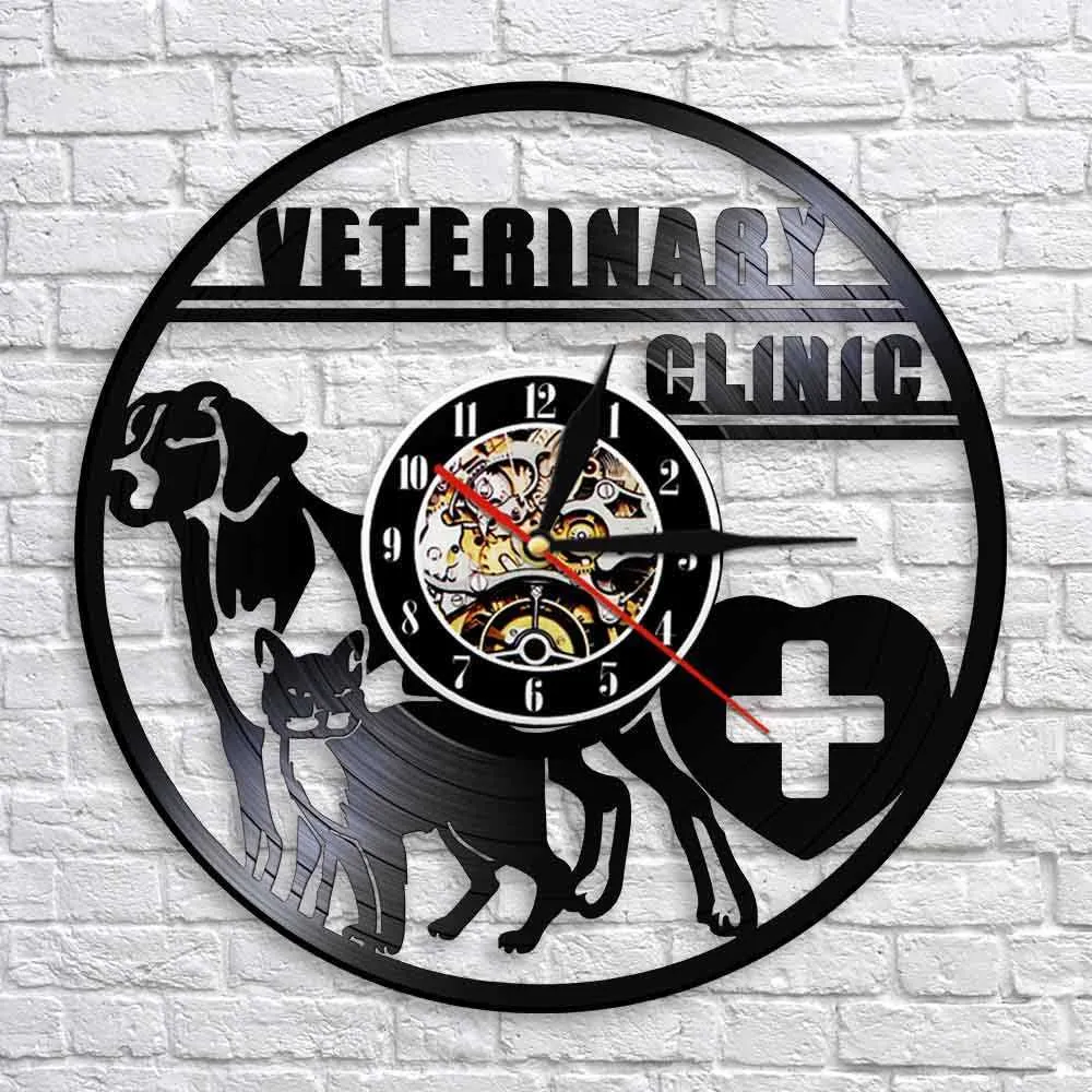 Clinique Vétérinaire Vétérinaire Horloge Murale Chien Et Chat Soins Hôpital Vétérinaire Disque Vinyle Horloge Murale Amoureux Des Animaux Vet Cadeaux 210930
