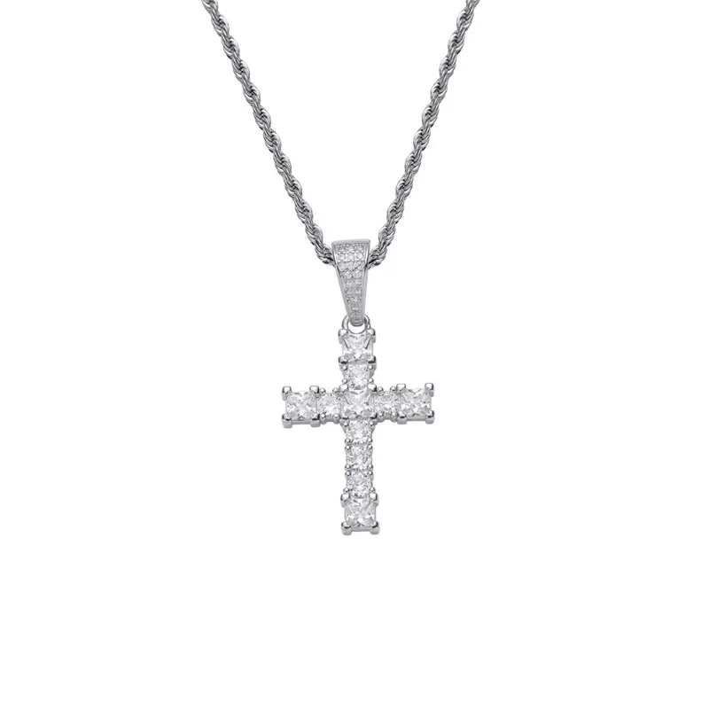 Hip Hop Iced Out Lab Diamond Cross Colgante Collar Chapado en oro y plata Micro pavimentado Cubic Zircon Mens Bling Jewelry Gift309u