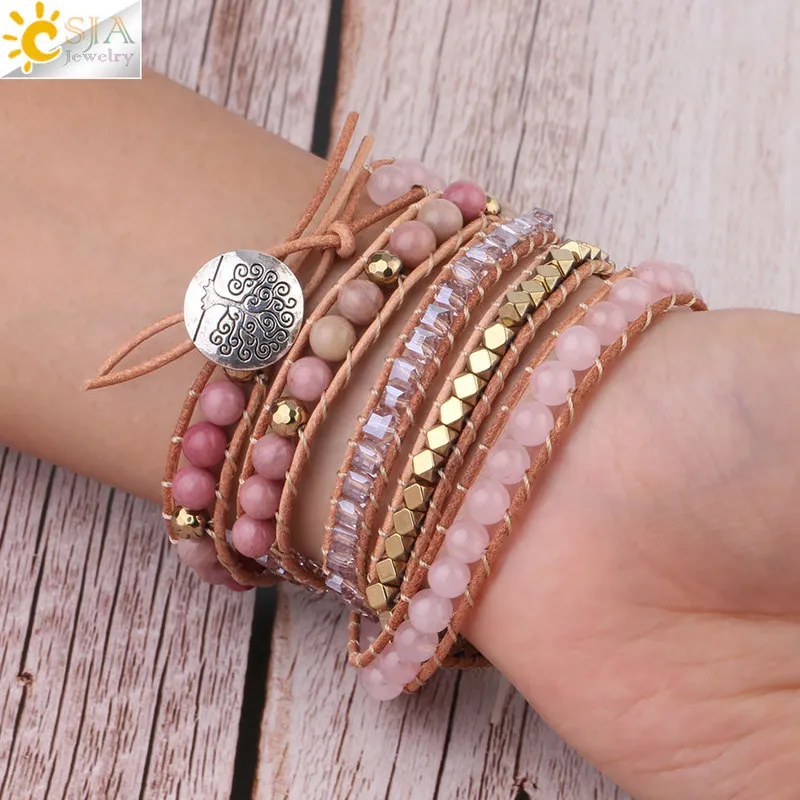 CSJA Bracciale in pietra naturale Braccialetti avvolgenti in pelle di quarzo rosa le donne Gemme rosa Perline di cristallo Gioielli Boemia 5 fili S308 220258c