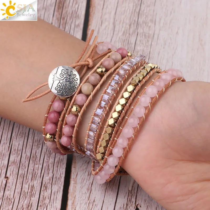 CSJA Natural Stone Bracelet Pink Quartz Leather Wrap Bracelets for Women Rose Gems Crystal Beads Bohemia Jewelry 5 Strand S308 220235d