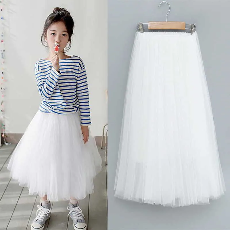 Summer Teenagers Girls 2-pcs Sets White Cartoon Pig T-Shirts Puff Blouses Mesh Long Skirt Kids Cute Style Clothes E1001 210610