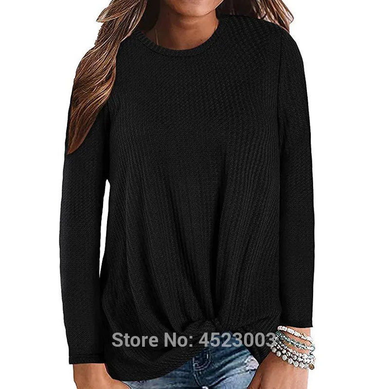 Femmes Automne O-Cou À Manches Longues Tops Noeud Gaufre Tricot Tunique Chemise Mignon Solide Lâche Chemises Tops 210302