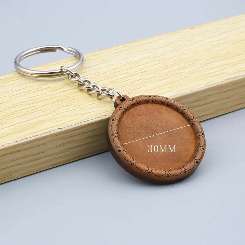 Round Wood Cabochon Keychain Base Settings 25mm 30mm Dia Wooden Cameo Bezel Blanks Diy Key Chain Keyring Accessories J0306