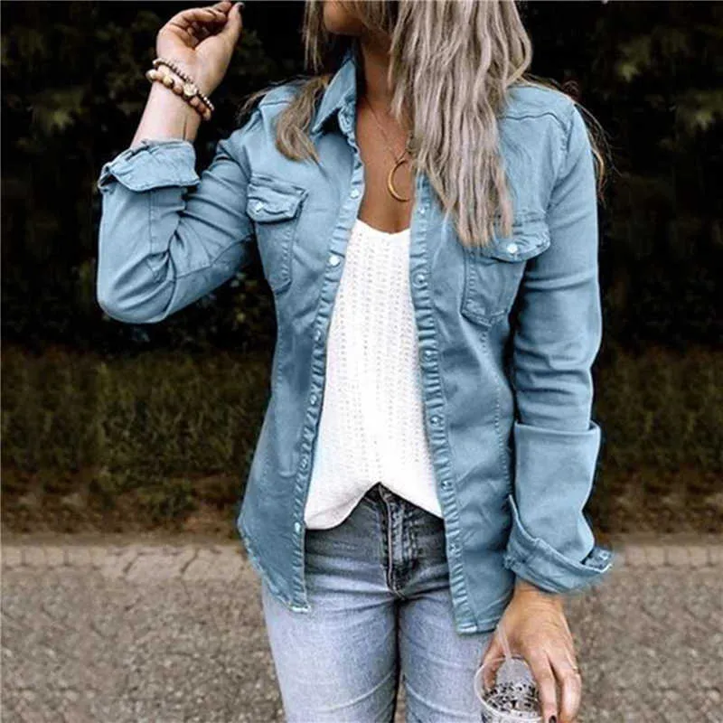Fashion Denim Thin Coats For Women Autumn Spring Single Button Outerwear Tops Slim Jeans Jackets Plus Size XXL 211014