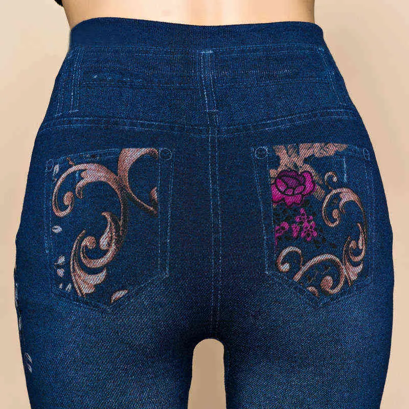 Kvinnor blommor tryckta jeans leggings höst smal bomull hög midja jeggings damer falska byxor legency 211215