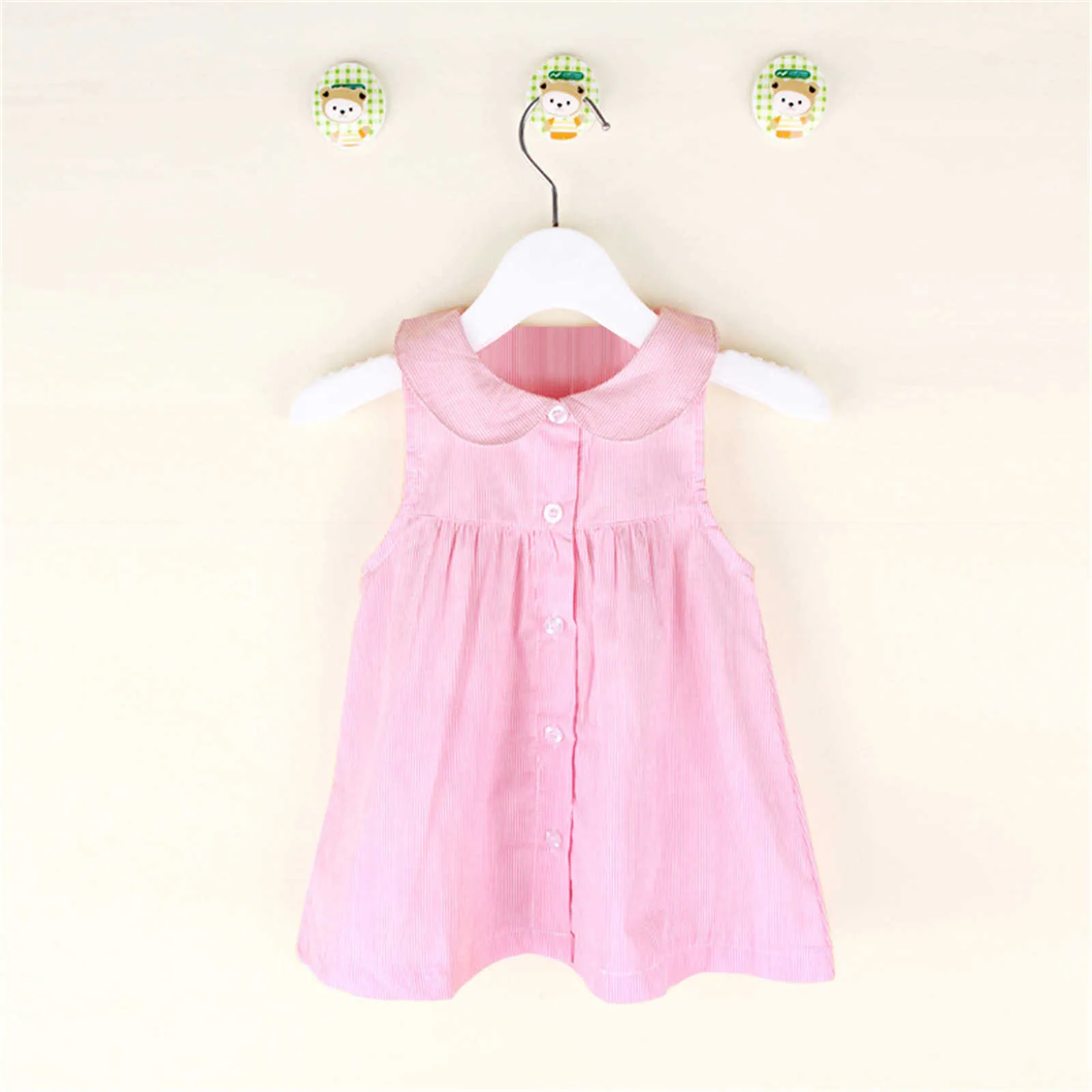 Col de poupée sans manches pour fille robes d'été rayé princesse tenue décontractée vêtements pour enfants bébé filles bouton chemise robe Jurk Q0716
