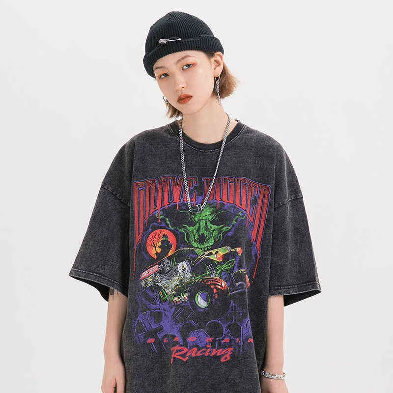 2021 T Shirt Streetwear Men Oversize Hip Hop T-shirt Devil Racing Harajuku Tshirt Sommar Kortärmad Bomull Loose Tops Tees G1217