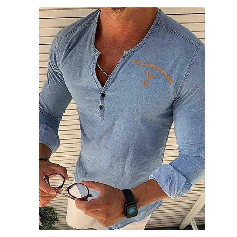 Printed Washed Men's Denim Shirts V Neck Hollow Out Lace Up Casual Short Sleeve Vintage Autumn Fashion Sexy Men Tops 210721