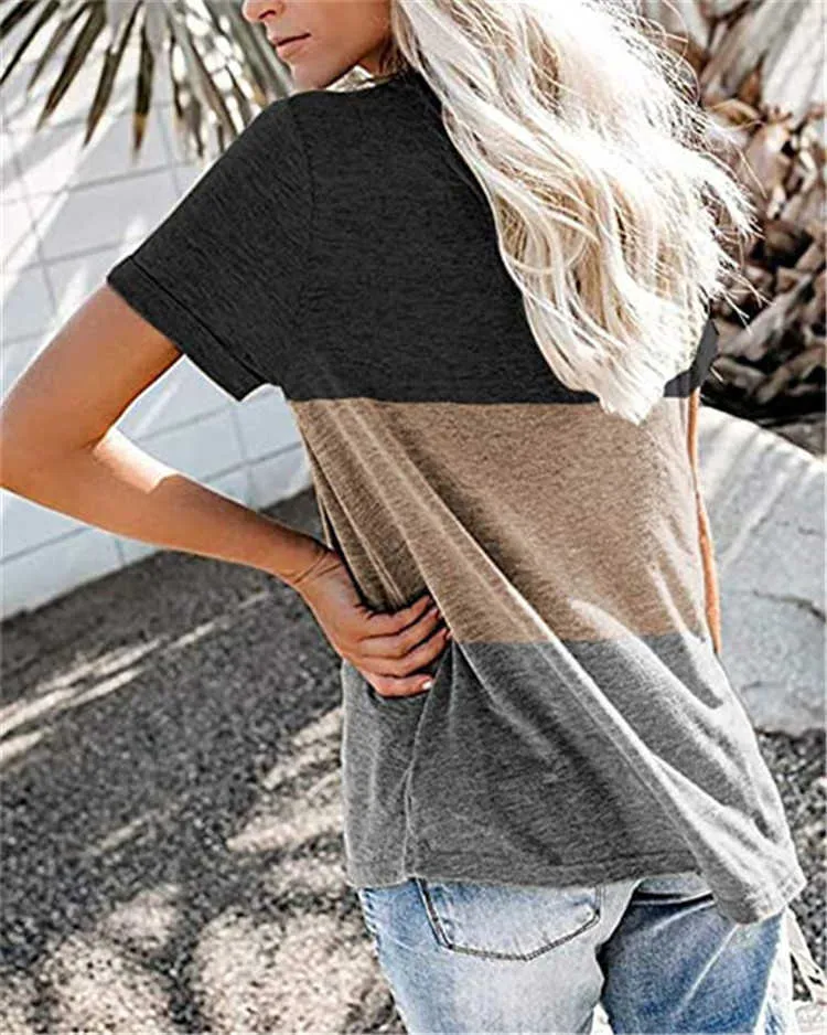 Patchwork T-shirts D'été Col En V À Manches Courtes Baggy Tops pour Femmes Casual Pocket 90s Tshirt Streetwear Vêtements Plus La Taille 3XL 210604