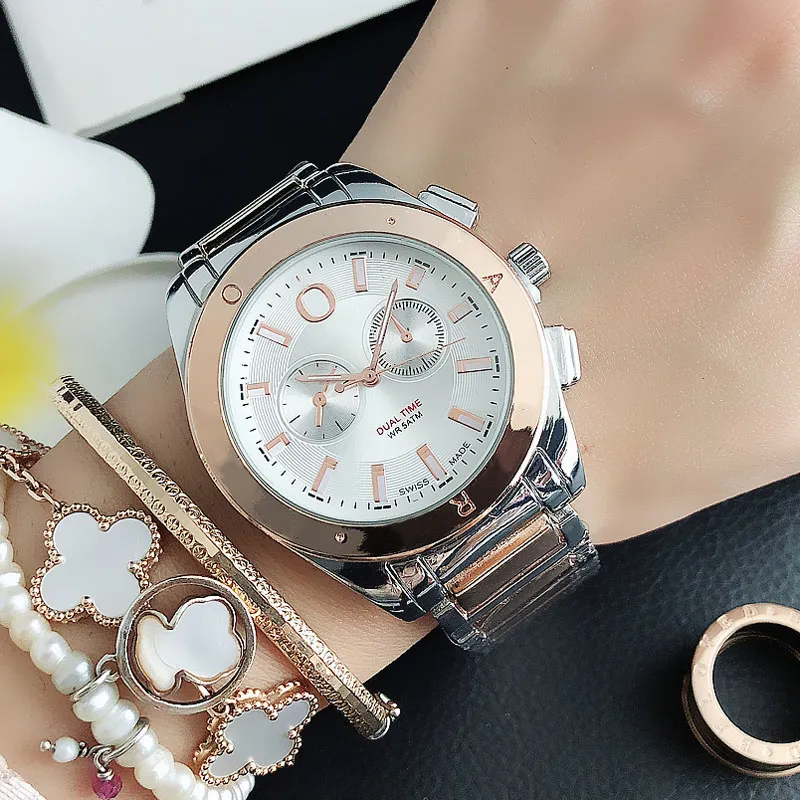 Moda 2 tarcze zegarki damskie styl dziewczęcy metalowy pasek ze stali zegarek kwarcowy na rękę P69