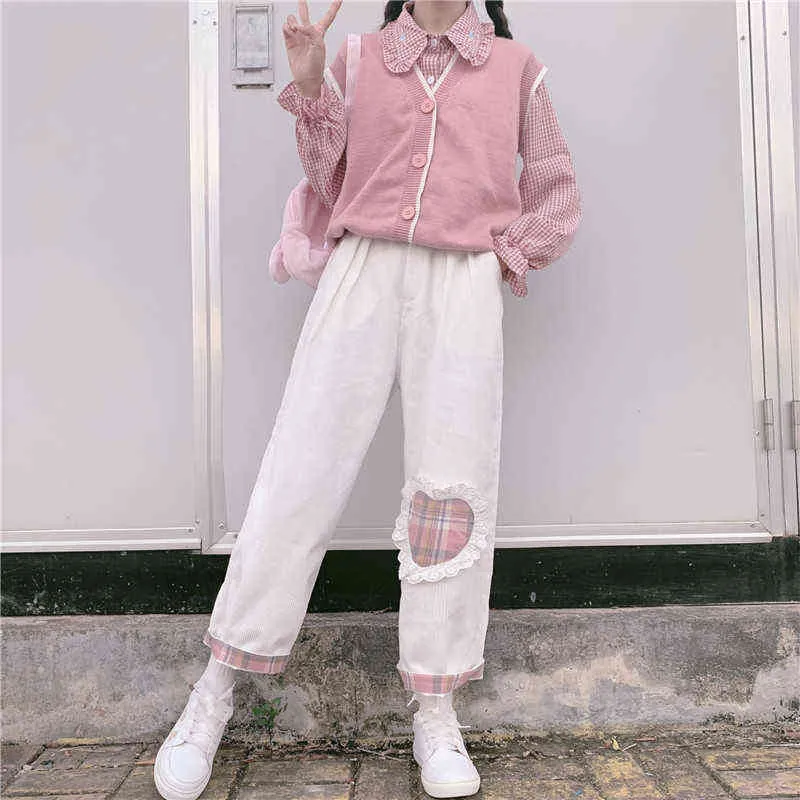 Giapponese Harajuku Wild Cute Soft sorella Casual velluto a coste Pantaloni dritti Kawaii Teen Girls Love Heart Patch Pantaloni larghi studenti 211112