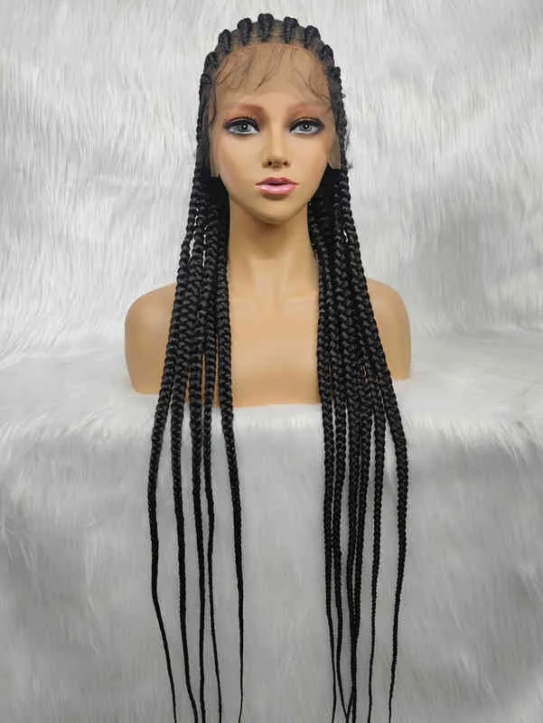Flätade peruker full spets peruk 34 -tums flätande hår för svarta kvinnor syntetiska låda flätor hår peruker för grossist 220121