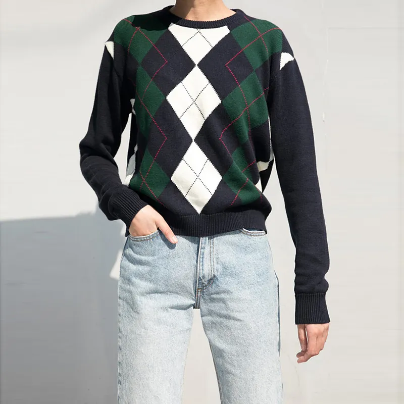 vintage élégant géométrique rhombique pull pull tricoté femmes mode à manches longues vente chaude outwear angleterre style tops 210218
