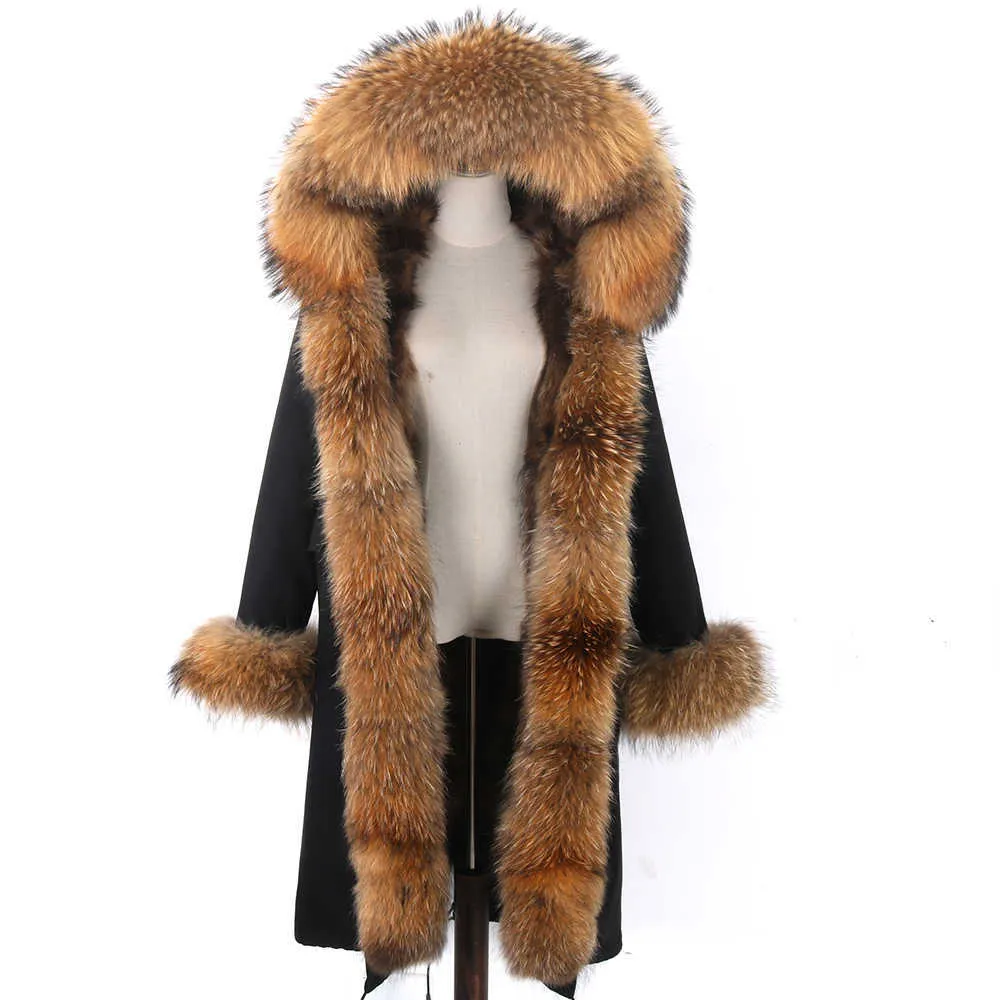 X-Long vattentät Parka Vinterjacka Kvinnor Real Fur Coat Natural Fur Collar Hood Big Fur Ytterkläder Avtagbar 210925