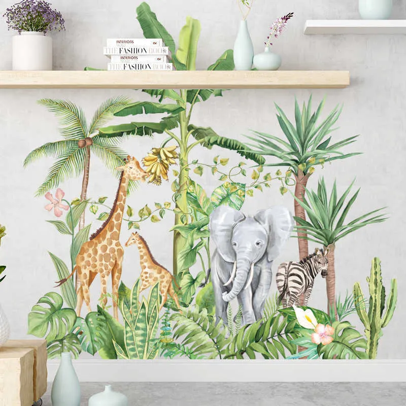Green Rainforest Wall Stickers for Living room Bedroom Elephant Giraffe Animals Wall Decals for Kids rooms Home Decoration Mural 210705