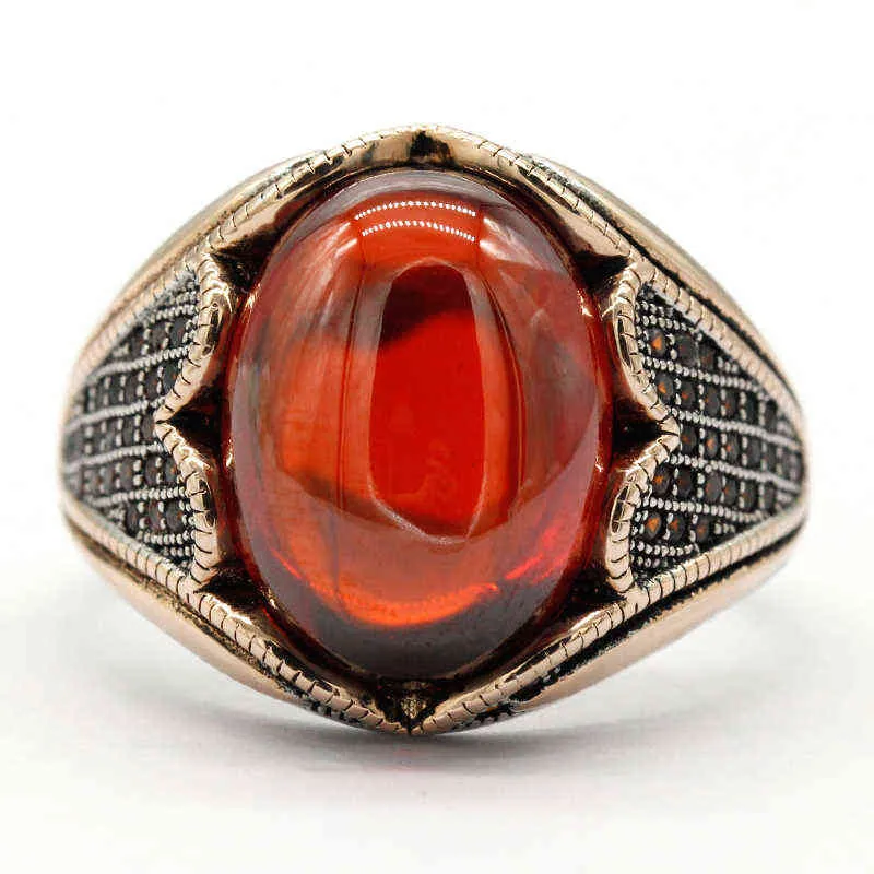 925 Серебряное мужское кольцо красный гранат камень винтаж ручной работы турецкий для женщин рок ювелирные изделия рождественские подарок Gemstone 211217