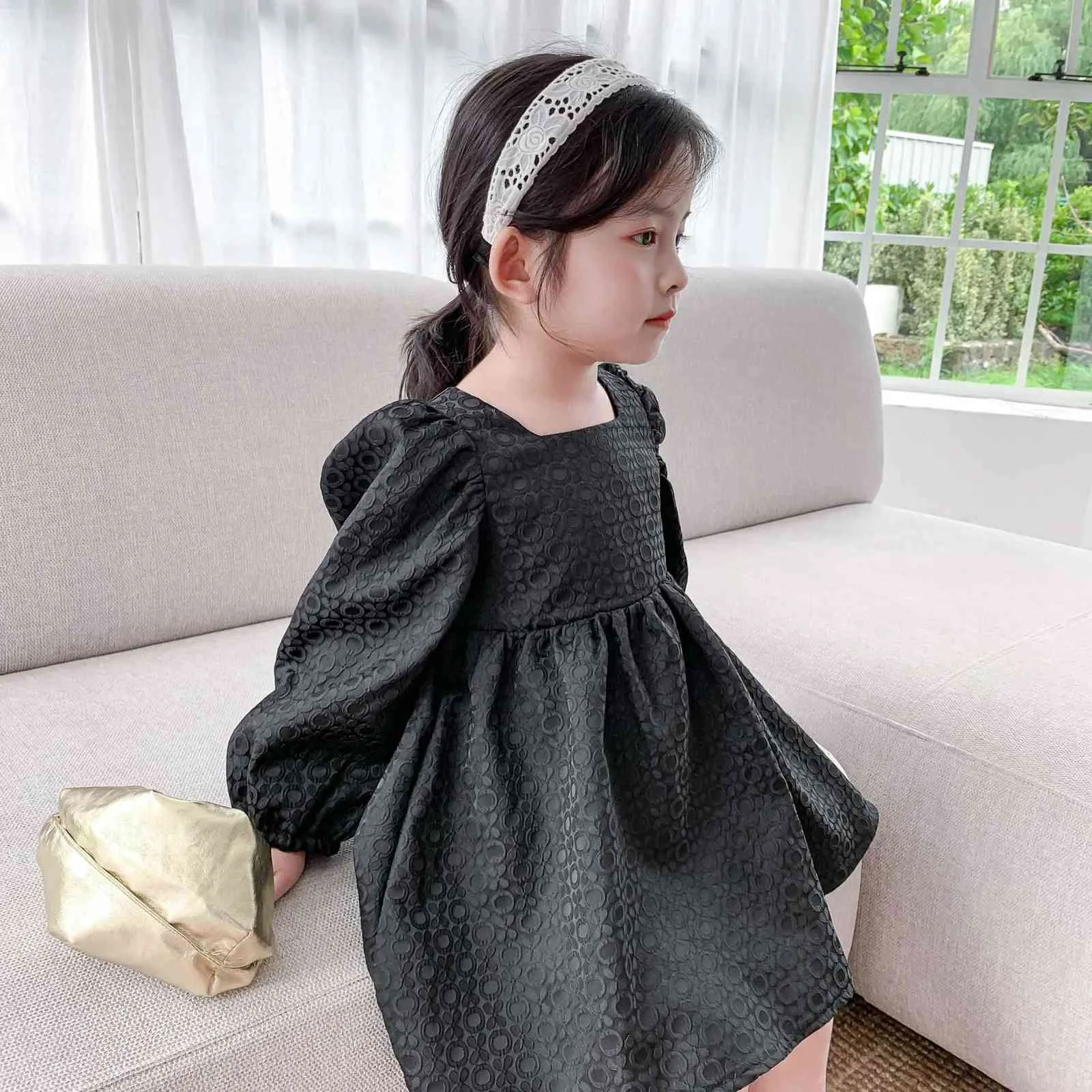 Höstflickor Mode Jacquard Party Dress Kids Långärmad Square Collar Black Princess Dresses 210708