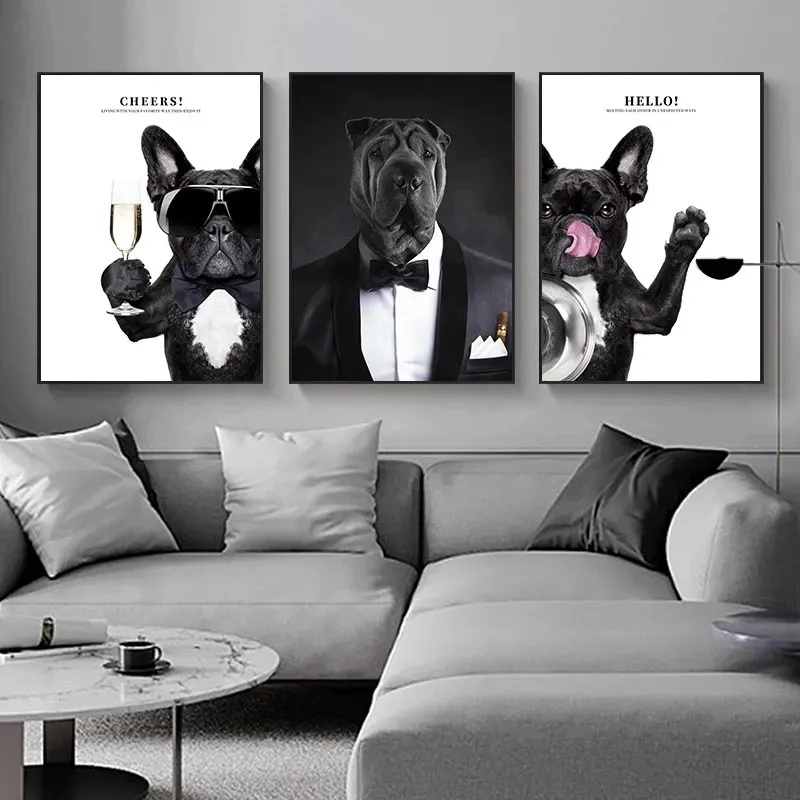 Drôle Animal toile peinture chien porter des lunettes de soleil vêtements affiche imprimer noir et blanc nordique mur Art photos pour salon