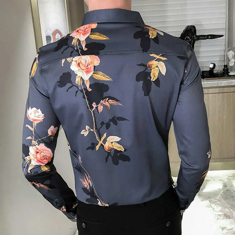 Rose chemises à fleurs pour hommes coréen à manches longues coupe ajustée chemise décontractée Streetwear affaires robe formelle Blouse Camisa Masculina 210527