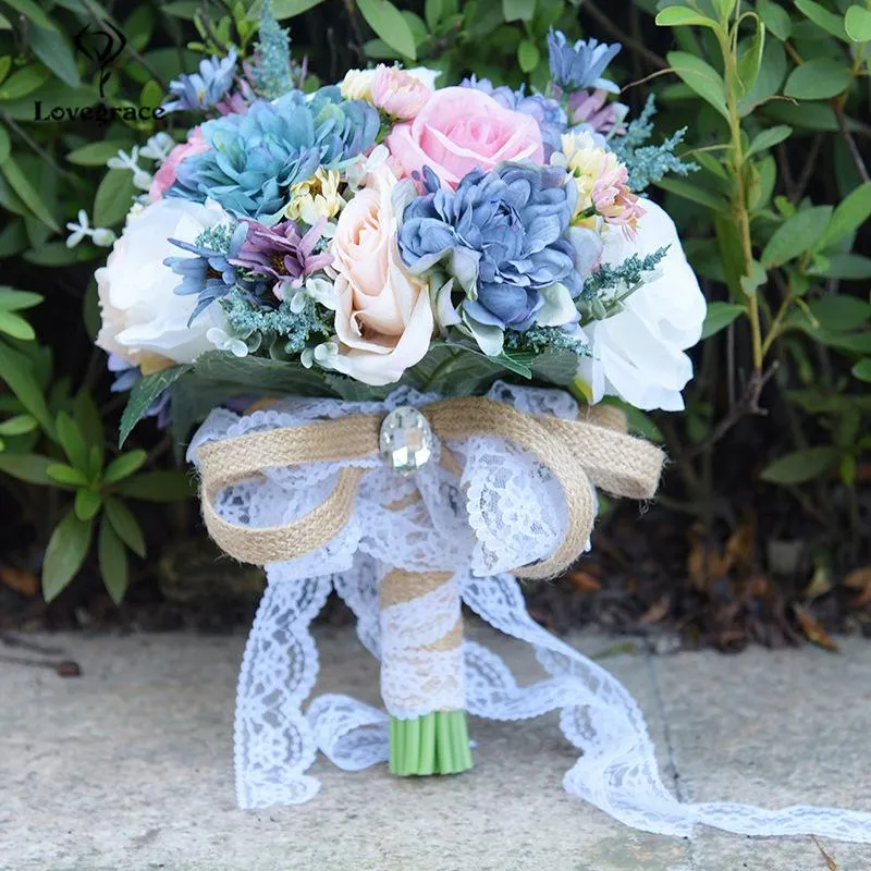 الزفاف زهور الحب العروس باقة الورد زهرة اللون الوردي الأزرق البوهيمي الرومانسية الحرير الاصطناعي داهليا باقات 283i
