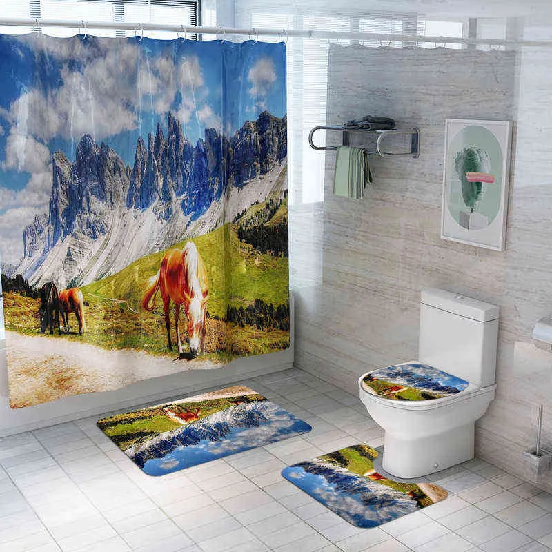 Tiger Printed Bathroom Carpet Set Bath Mat and Shower Curtain Set Toilet Shower Room Floor Rugs Toilet Bathroom Foot Pad 211109
