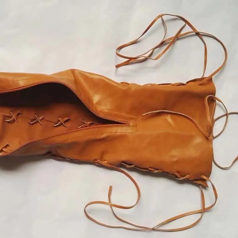 Wysokiej jakości nowe skórzane buty PU dla kobiet seksowne koronki nad buty do kolan z brązowymi koronkami w stylu mokasyny botki kobiety wielki rozmiar x08754223