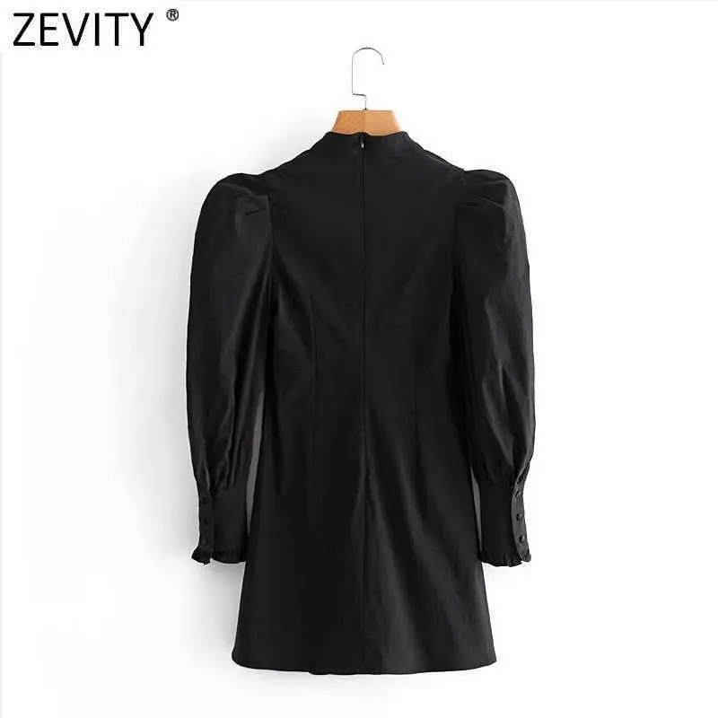 Zevity Femmes Vintage plis Puff douloureux Noir Mini robe Lady Chic Court Style Collier carré Retour Zipper Slim Vestido DS4774 210603