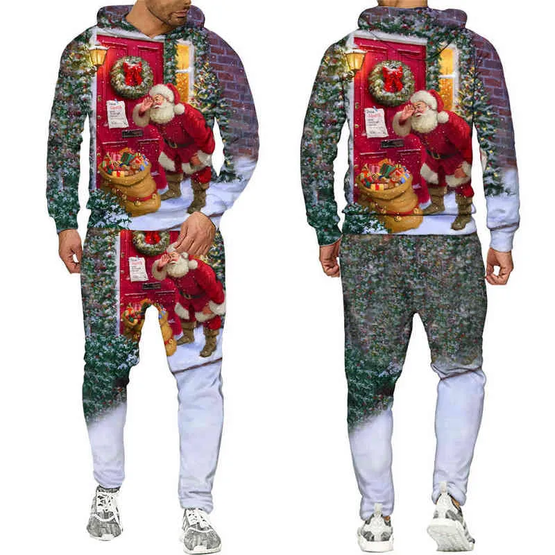 Julklapp Alla Skriv ut Hoodies Byxor Mäns 3D-tracksuiter Unisex Snowman Pullover Sweatshirt Streetwear Suits 211220
