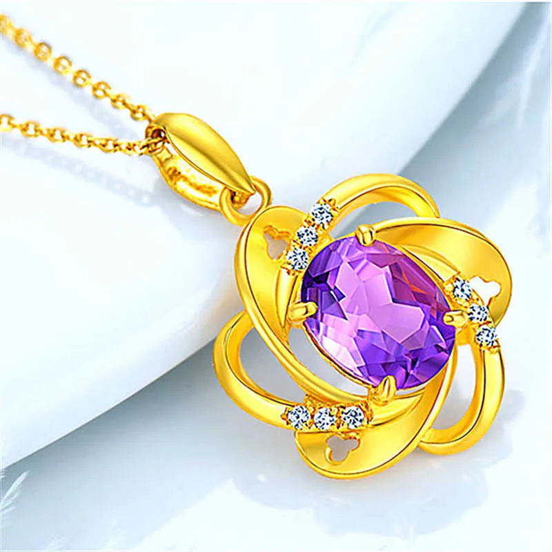 Crystal Womens Necklaces Pendant Fashion gold jewelry inlaid Amethyst, purple diamond 24K plated silver